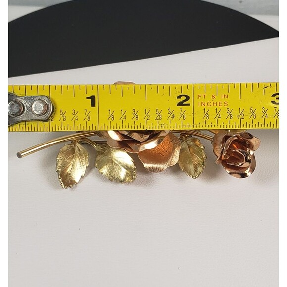 Vtg 1940's Krementz Signed Two Tone Gold Filled Rose Roses Brooch Pin 2.25" long - Picture 14 of 15